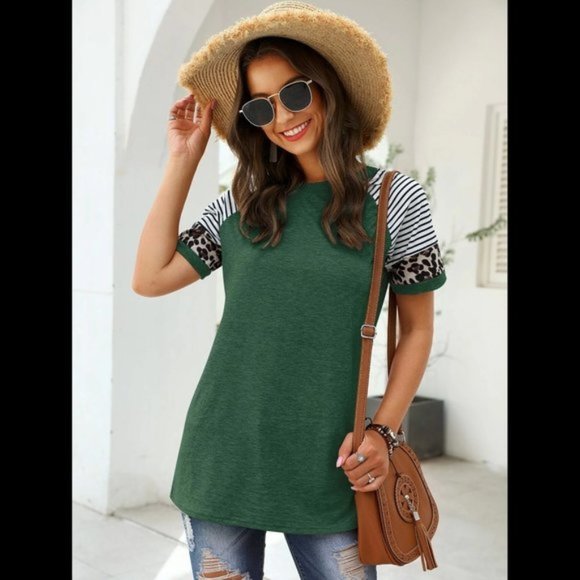 Green T-Shirt w/ Striped and Leopard Print sleeves - Picture 1 of 6